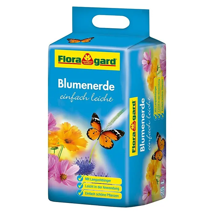Floragard Blumenerde Einfach leicht - 25 l - Abbildung einer Packung Blumenerde von Flora Gard mit Schmetterlingen und Blumen auf blauem Hintergrund.