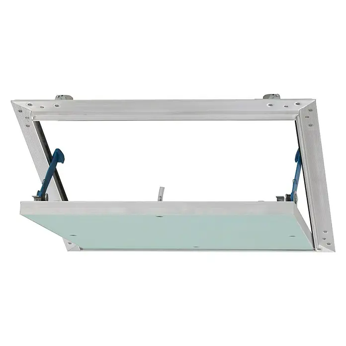 Probau Revisionsklappe Aqua - 30 x 30 cm - Eine Deckenklappe mit einem Rahmen aus Aluminium und einer grünen Platte ist geöffnet und gibt den Blick frei.