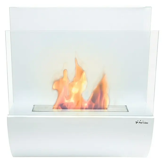 Purline Chimenea de bioetanol Eos - L x An x Al: 17 x 50 x 45 cm, Blanco - Primer plano de la chimenea de bioetanol Purline con llamas y pantallas protectoras transparentes. La unidad tiene una carcasa blanca elegante.