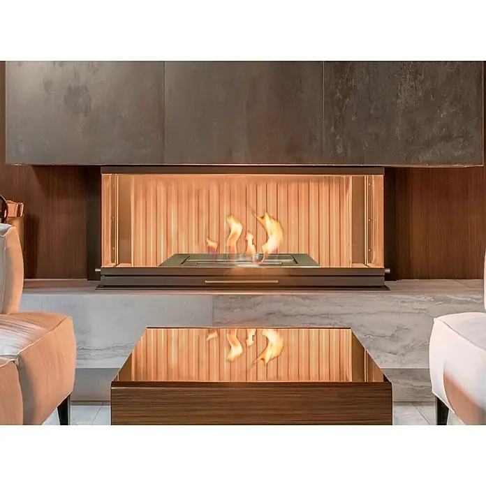 Purline Bloque de combustión F9645 - L x An x Al: 15 x 45 x 8 cm, Acero inoxidable - Chimenea moderna con mesa de centro reflectante. Las llamas de la chimenea se reflejan elegantemente en la superficie de la mesa.