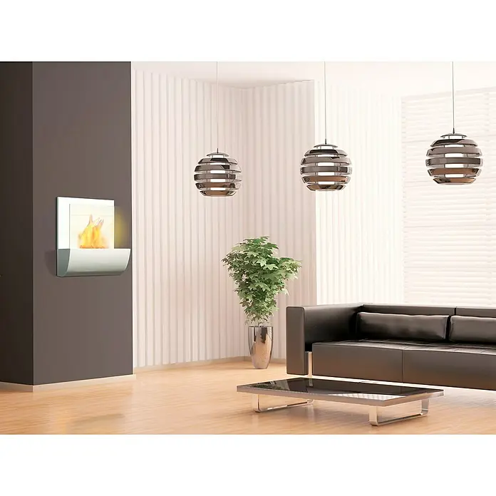 Purline Chimenea de bioetanol Eos - L x An x Al: 17 x 50 x 45 cm, Blanco - Salón moderno con chimenea de pared elegante que crea un ambiente acogedor. Diseño elegante con muebles e iluminación coordinados.