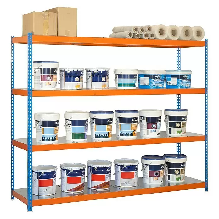 Simonrack Ecoforte Estantería metálica Metal - Al x An x Pr: 200 x 150 x 60 cm, Capacidad de carga por balda: 400 kg, Número de baldas: 4 ud., Inserción, Azul/Naranja - Estantería metálica de cuatro niveles naranja y azul con botes de pintura, rollos de film y cajas de cartón.