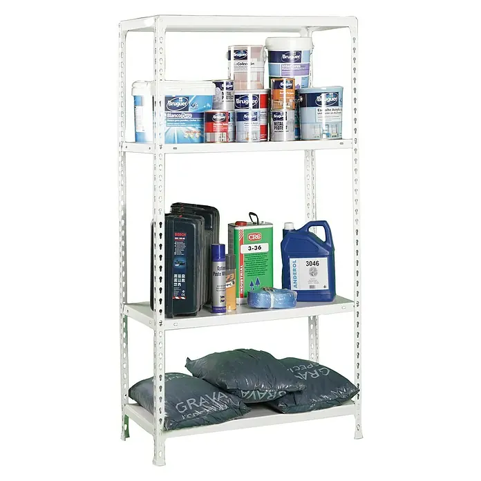 Simonrack Simonclick Metallregal Ecoclick Mini - H x B x T: 160 x 80 x 30 cm, Traglast pro Boden: 70 kg, Anzahl Böden: 4 Stk., Stecken, Weiß - Regal mit vier Ablagen, gefüllt mit Farbeimern, Motoröl, Reinigungsspray und Säcken. Das Regal ist weiß und steht vor einem weißen Hintergrund.
