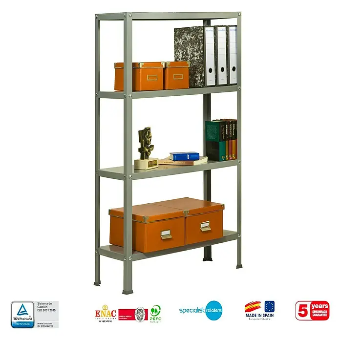 Simonrack Simonhome Estantería metálica Homeclassic Plus - Al x An x Pr: 160 x 100 x 30 cm, Capacidad de carga por balda: 100 kg, Número de baldas: 4 ud., Atornillado, Gris - La imagen muestra una estantería metálica gris con cuatro estantes llenos de diversos objetos como carpetas y cajas.