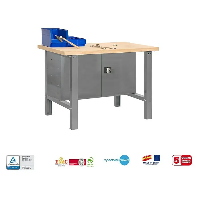 Simonrack Simonwork Banco de trabajo BT6 Cabinet - L x An: 75 x 180 cm, Altura de trabajo: 86,5 cm, Carga soportada: 600 kg, Gris - Banco de trabajo con herramientas y cajas de almacenamiento. Banco robusto para tareas de taller con amplio espacio.