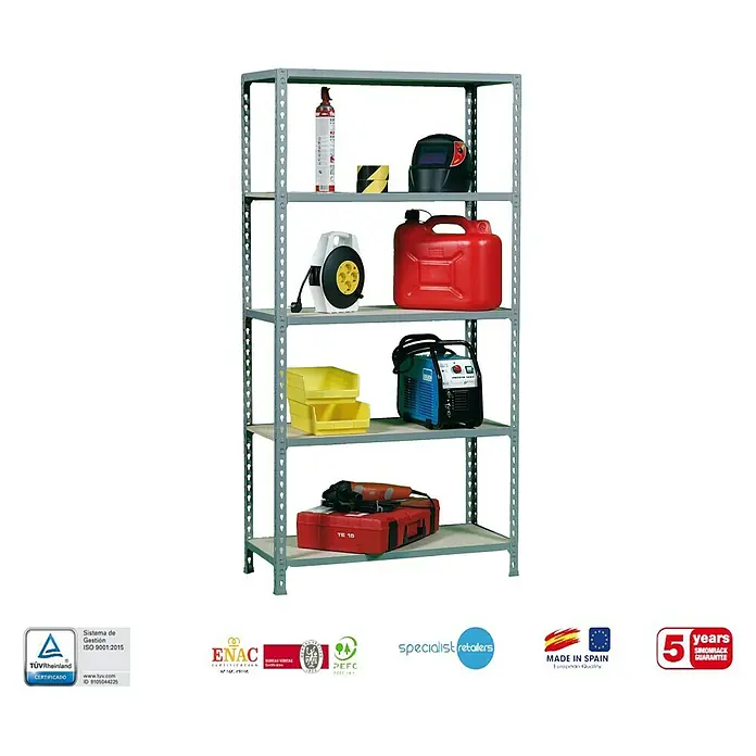 Simonrack Maderclick Estantería metálica Mini - Al x An x Pr: 180 x 80 x 40 cm, Capacidad de carga por balda: 150 kg, Número de baldas: 5 ud., Inserción, Gris - Una estantería gris resistente con cinco niveles, cargada con diversas herramientas y materiales para el taller.