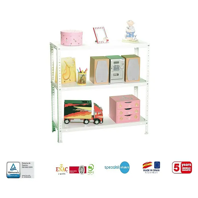 Simonrack Simonclassic Estantería metálica Advantage - Al x An x Pr: 90 x 90 x 40 cm, Capacidad de carga por balda: 75 kg, Número de baldas: 3 ud., Atornillado, Blanco - Una estantería blanca de tres baldas, llena de decoraciones y juguetes, ideal para habitaciones infantiles o espacios similares.