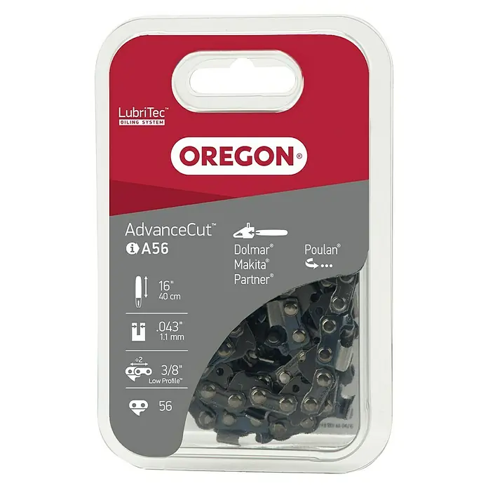 Oregon Sägekette Micro-Lite - Schnittlänge: 40 cm, Anzahl Treibglieder: 56 Stk., Nutbreite: 1,1 mm - Oregon AdvanceCut™ A56 Sägekette, 40 cm Länge, 1,1 mm Treibgliedstärke, 3/8" Teilung, 56 Treibglieder, passend für Dolmar, Makita, Partner, Poulan.