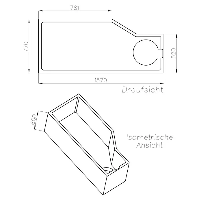 Ottofond Badewannenträger Flint A - Passend für: Badewanne Flint A 160 x 80 cm - Technische Zeichnung eines länglichen Waschbeckens mit abgerundeten Ecken und Maßen für die Installation.