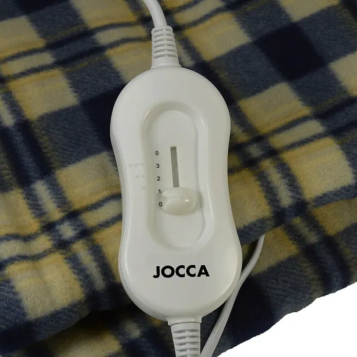Jocca Calienta cama cuadros - L x An x Al: 2 x 150 x 80 cm, Azul, Poliéster, 20 W - Primer plano de los controles de una manta eléctrica Jocca sobre un tejido a cuadros, con el selector en el nivel 1.