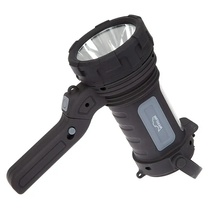 Westline Handscheinwerfer 3 in 1 - L x B x H: 12,5 x 5 x 8,5 cm - Hier ist eine tragbare, schwarze Westline-Lampe mit Handgriff. Die Lampe hat einen grauen Akzent und ein helles Leuchtmittel.