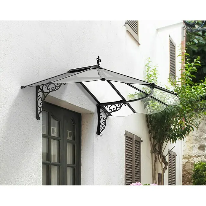 Palram – Canopia Vordach Iris - 174,5 x 125 x 80 cm, Schwarz - Elegante Türüberdachung mit dekorativen Ornamenten schützt den Eingangsbereich vor Witterungseinflüssen und verleiht dem Haus eine stilvolle Note.