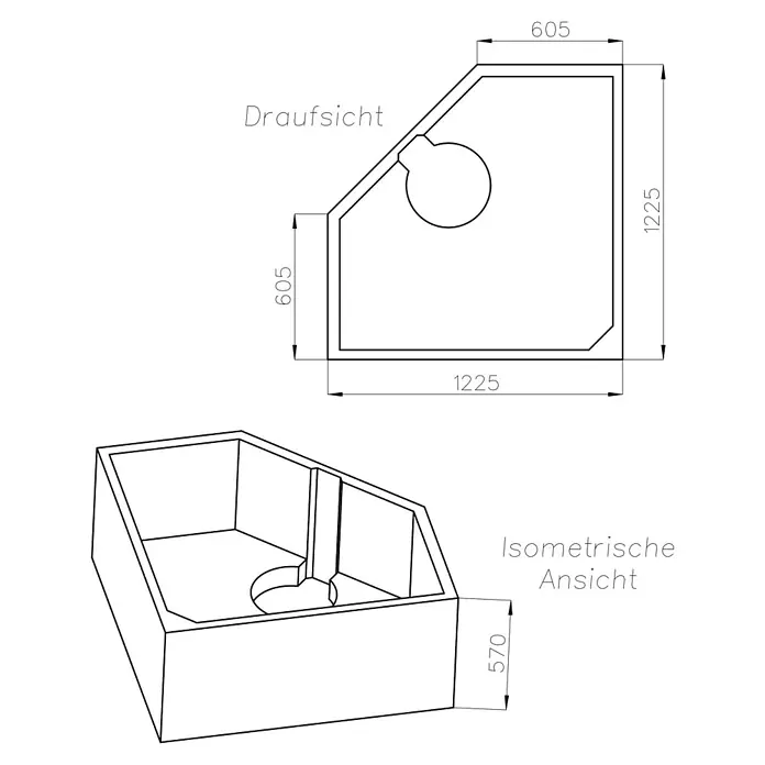 Ottofond Wannenträger Agadir - Passend für: Ottofond Eckbadewanne Agadir 125 x 125 cm - Schematische Darstellung eines Eckbeckens mit Abmessungen für die Draufsicht und isometrische Ansicht.