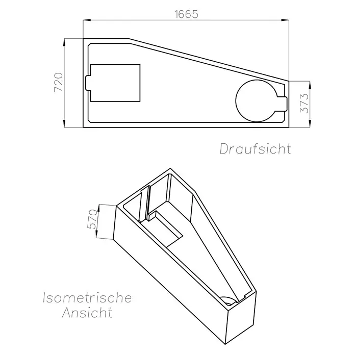 Ottofond Badewannenträger Durban A - Passend für: Badewanne Durban A 170 x 75 cm - Technische Zeichnung eines rechteckigen Behälters mit abgewinkelter Seite und Innenstruktur, Draufsicht und isometrische Ansicht mit Maßen.