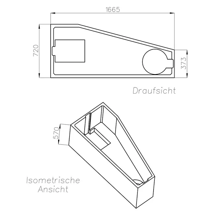 Ottofond Badewannenträger Durban A - Passend für: Badewanne Durban A 170 x 75 cm - Technische Zeichnung eines rechteckigen Behälters mit abgewinkelter Seite und Innenstruktur, Draufsicht und isometrische Ansicht mit Maßen.
