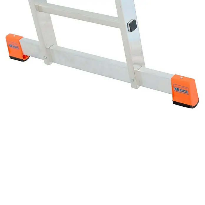 Krause Monto Anlegeleiter Sibilo - Anzahl Tritte: 12 Stk., Arbeitshöhe: 4,4 m, Aluminium - Detailaufnahme einer Krause Leiter mit orangefarbenen Füßen, die für Stabilität und sicheren Stand sorgen. Ideal für Arbeiten in der Höhe.