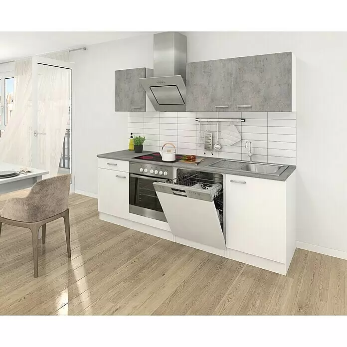Respekta Cocina compacta Malia - Ancho: 220 cm, Blanco, Gris, Decoración encimera: Efecto cemento - Cocina compacta blanca y gris con horno, placa, fregadero y lavavajillas abierto integrados, en un ambiente de cocina moderna.