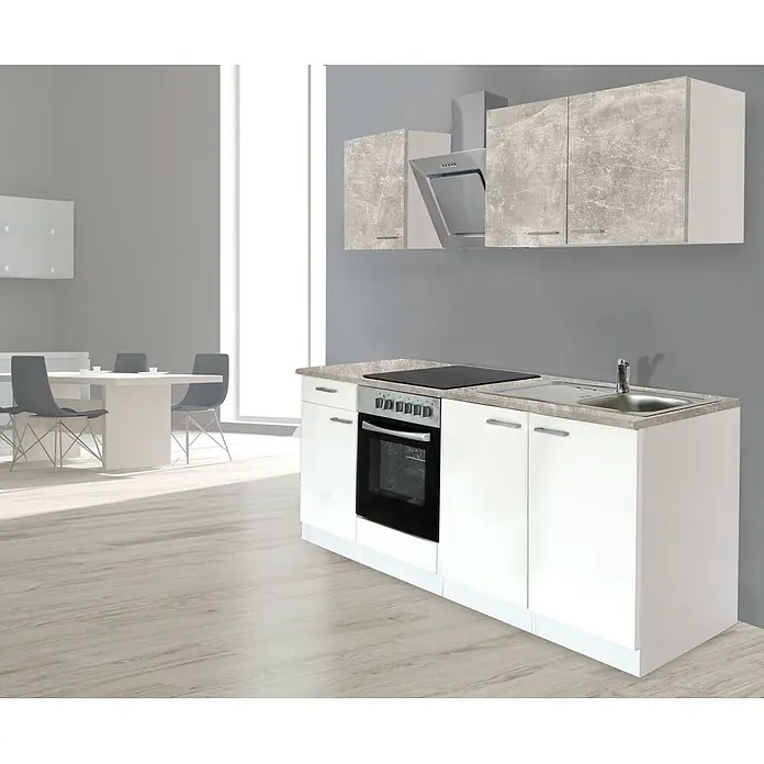 Respekta Cocina compacta Malia - Ancho: 210 cm, Blanco, Gris, Decoración encimera: Efecto cemento - Cocina moderna blanca con encimeras grises texturizadas, horno, vitrocerámica, fregadero integrados y armarios superiores a juego con campana.