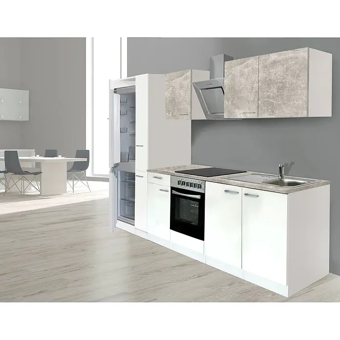 Respekta Composición de cocina Malia alto - Ancho: 300 cm, Blanco, Gris, Con electrodomésticos - Cocina moderna: muebles bajos blancos, encimera efecto hormigón, horno, placa, fregadero, muebles altos a juego. Nevera y zona de comedor.