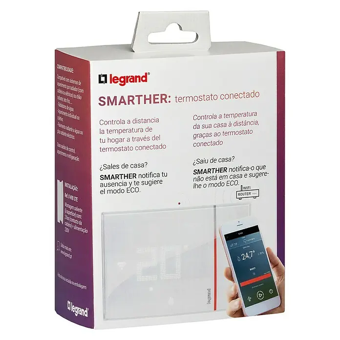 Legrand Termostato inalámbrico WiFi Elliot - Funcionamiento en red, L x An x Al: 2,81 x 12,6 x 8,7 cm - Embalaje del termostato inteligente Legrand SMARTHER que permite un control fácil de la temperatura.
