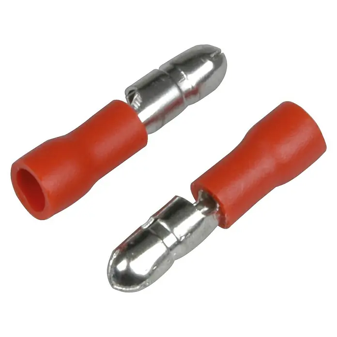 Cartrend Rundstecker - 20 Stk., Querschnitt: 0,25 mm² - 1,5 mm², Rot - Zwei rote, isolierte Stecker mit blanken Metallstiften, die für elektrische Verbindungen geeignet sind, auf schwarzem Hintergrund.