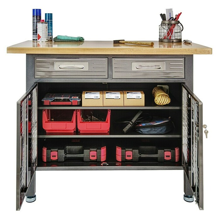 Werkbank (L x B x H: 61 x 122 x 95 cm, 2 Schubladen)