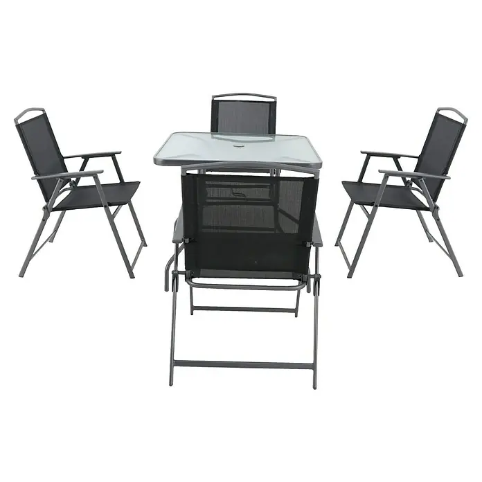 Sunfun Set de muebles de jardín Marta - 5 pzs., Vidrio/Textil, Acero, Antracita - Juego de comedor exterior con mesa de cristal y cuatro sillas plegables para asientos cómodos en el patio.