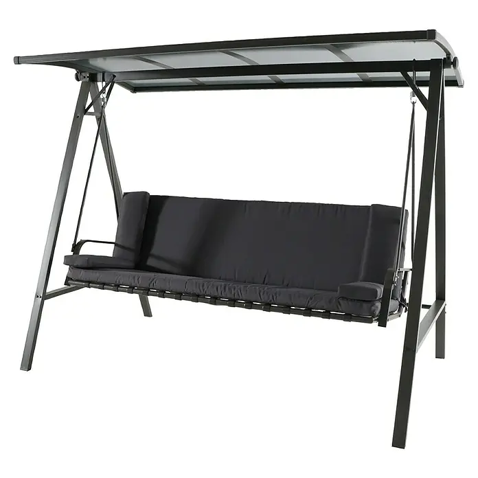 Sunfun Maja Hollywoodschaukel - B x T x H: 235 x 135 x 182 cm, Stahl, Anthrazit, Liegefunktion - Elegante Gartenschaukel mit einem dunklen, bequemen Sitzkissen und Sonnenschutzdach, ideal zum Entspannen im Freien.