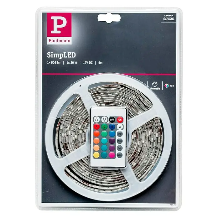 Paulmann LED-Band Strip RGB - 5 m, RGB - Produktfoto einer Paulmann SimpLED RGB-LED-Leiste mit Fernbedienung, verpackt in einer transparenten Kunststoffhülle auf schwarzem Hintergrund.
