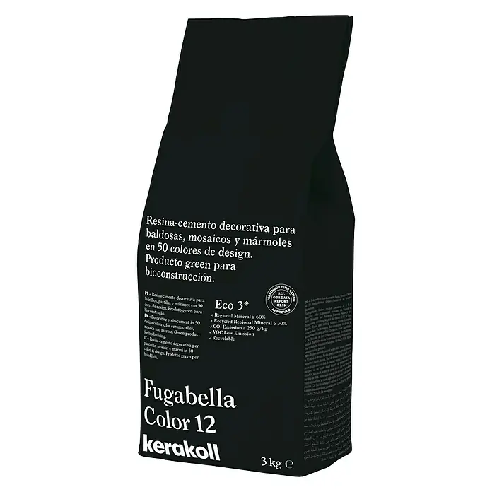 Kerakoll Mortero para juntas - cemento Fugabella - Color: 12, 3 kg - Imagen de un paquete de Fugabella Color 12 Kerakoll, un cemento de resina decorativo para baldosas, mosaicos y mármoles en 50 colores.