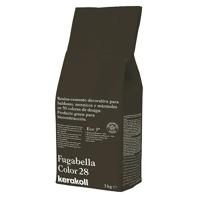 Kerakoll Mortero para juntas - cemento Fugabella - Color: 28, 3 kg - La imagen muestra un paquete de Fugabella Color 28 de Kerakoll, un cemento de resina decorativo para baldosas, mosaicos y mármol.