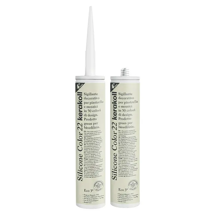 Kerakoll Silicona universal Color - Tono de color: 22, 310 ml - Imagen de dos tubos de Silicone Color 22 Kerakoll, un sellante decorativo para azulejos y mosaicos en 50 colores de diseño.