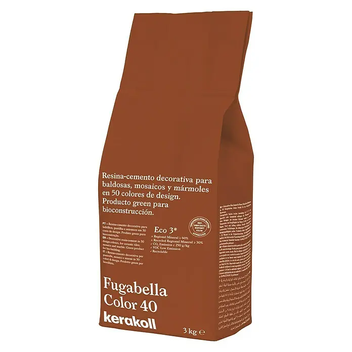 Kerakoll Mortero para juntas - cemento Fugabella - Color: 40, 3 kg - Imagen de un saco de Fugabella Color 40 kerakoll. Cemento de resina decorativo para baldosas, mosaicos y mármoles en 50 colores.