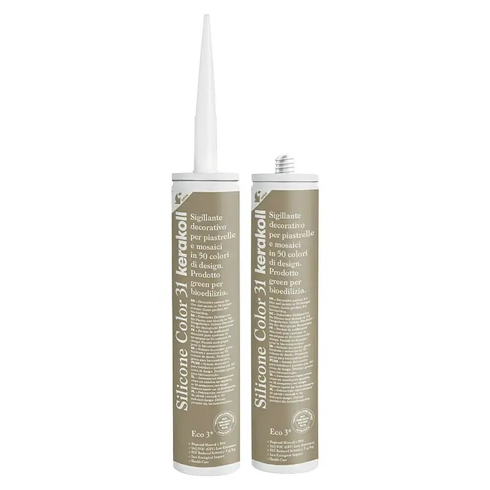 Kerakoll Silicona universal Color - Tono de color: 31, 310 ml - Imagen de dos tubos de Silicone Color 31 Kerakoll, un sellador decorativo para azulejos y mosaicos en 50 colores.