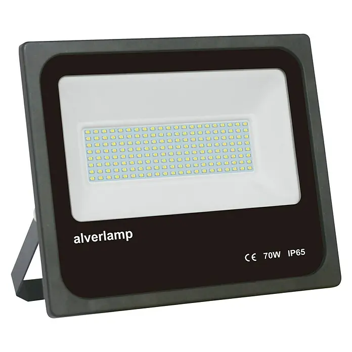 Alverlamp Proyector LED LMN - 70 W, L x An x Al: 28,5 x 5 x 24 cm, Negro, Blanco neutro - Primer plano de un reflector LED Alverlamp, conocido por su eficiencia energética y longevidad. Ideal para iluminar espacios exteriores.