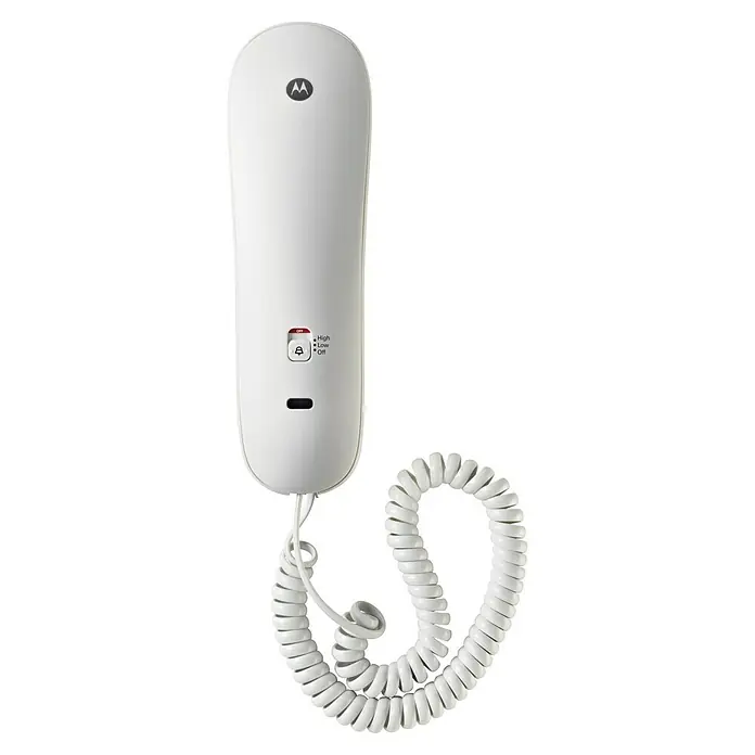 Motorola Teléfono fijo CT50 - Blanco - Un teléfono Motorola blanco de pared con un cable en espiral, perfecto para casa o la oficina. El volumen del timbre también se puede ajustar.