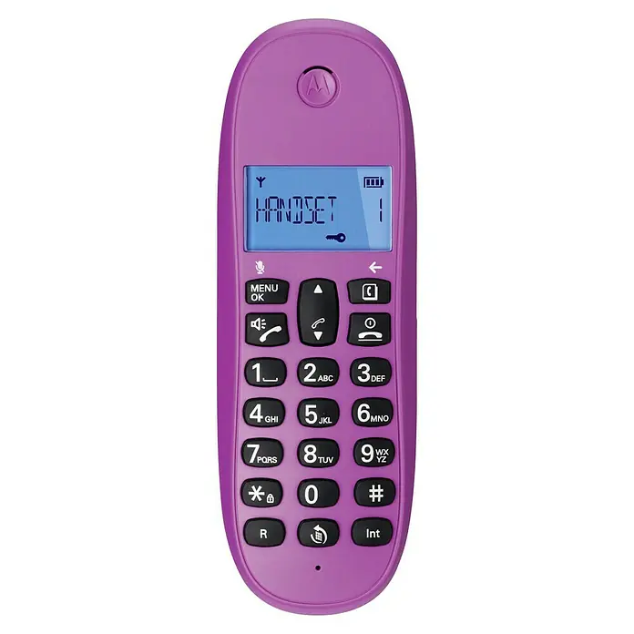 Motorola Teléfono inalámbrico C1001 - Rellamada, Violeta - Primer plano de un teléfono DECT Motorola púrpura con teclado, pantalla y logotipo de Motorola. Ideal para hogar y oficina.