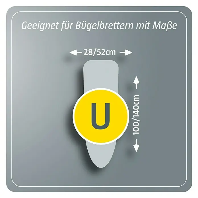 Bügeltischbezug Universal - 100 % Baumwolle, Passend für: Bügeltische von 100 x 30 cm bis 140 x 52 cm - Abbildung einer Halterung, die für Bügelbretter mit den Maßen 28/52 cm Breite und 100/140 cm Höhe geeignet ist.