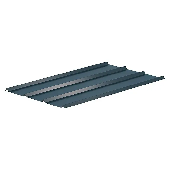 Sarei Piccolo Dachblech Fassadenblech - 200 cm x 58,5 cm x 0,6 mm, Anthrazit - Nahaufnahme einer dunkelblauen Trapezblechplatte, ideal für langlebige und moderne Dacheindeckungen.
