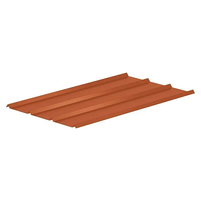 Sarei Piccolo Dachblech Fassadenblech - 200 cm x 58,5 cm x 0,6 mm, Ziegelrot - Nahaufnahme einer Terrakotta-farbenen Trapezblechplatte, die für Dacheindeckungen oder Wandverkleidungen geeignet ist.
