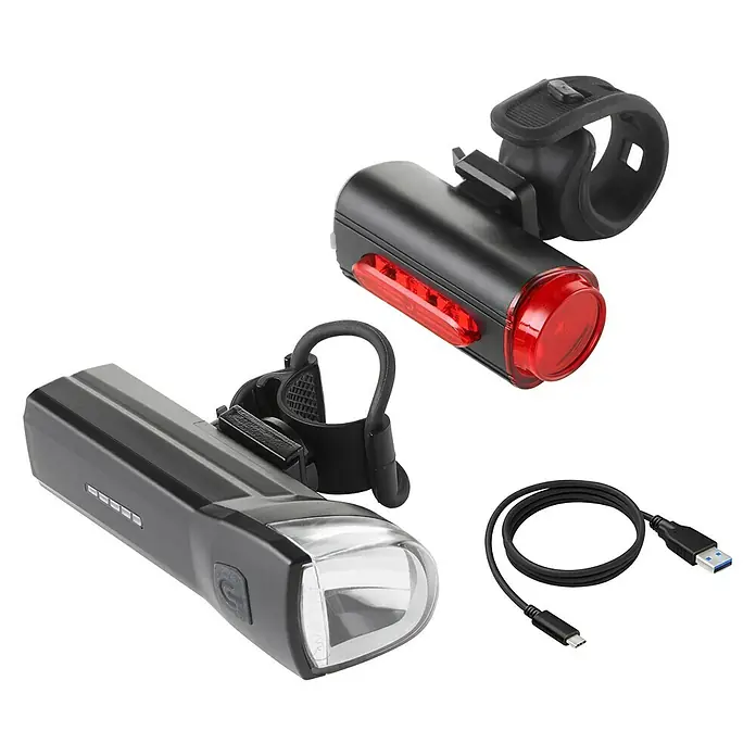 Fischer Fahrradbeleuchtungs-Set - 3 -tlg. - Fahrradbeleuchtungsset mit Front- und Rücklicht sowie USB-Ladekabel für sicheres Fahren bei Dunkelheit.