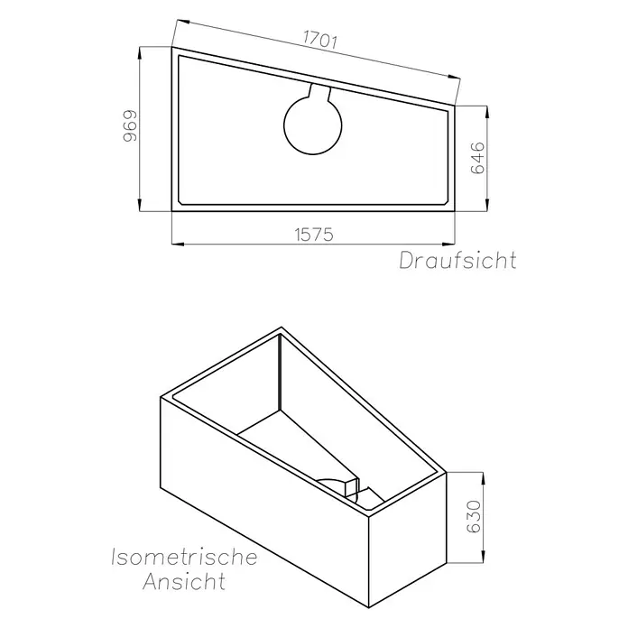 Ottofond Badewannenträger Cebu 1 A - Passend für: Badewanne Cebu 1A 160 x 100/67,5 x 51 cm - Draufsicht und isometrische Ansicht einer Badewanne mit den Maßen 1701x1575x696 mm und einer Höhe von 630 mm.