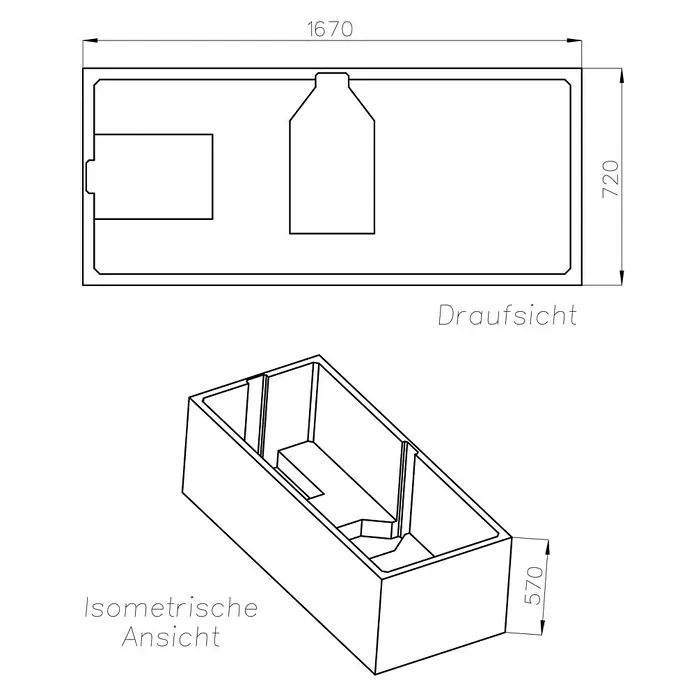 Ottofond Badewannenträger Palermo - Passend für: Badewanne Palermo 170 x 75 cm - Technische Zeichnung einer Badewanne mit den Maßen 1670 x 720 x 570 mm, Draufsicht und isometrische Ansicht.