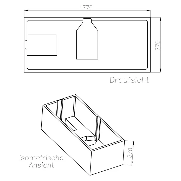 Ottofond Badewannenträger Palermo - Passend für: Badewanne Palermo 180 x 80 cm - Schematische Darstellung einer Badewanne mit den Maßen 1770 x 770 x 570 mm in Draufsicht und isometrischer Ansicht.