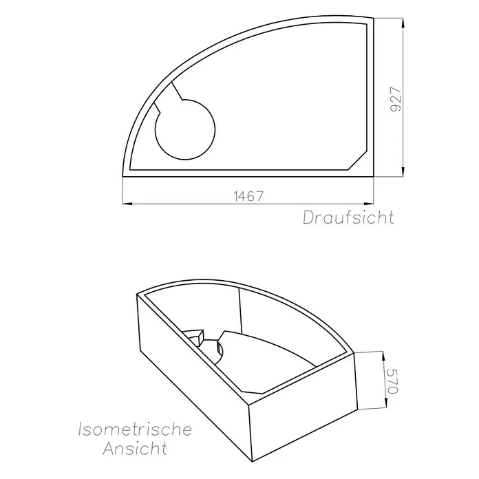 Ottofond Wannenträger Sansibar B - Passend für: Badewanne Sansibar B 150 x 97 cm - Technische Zeichnung einer Badewanne mit Maßen.