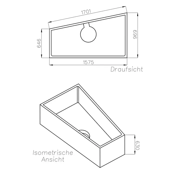 Ottofond Badewannenträger Cebu 1 B - Passend für: Badewanne Cebu 1B 160 x 100/67,5 x 51 cm - Abbildung einer modernen Design Badewanne mit Maßangaben, Draufsicht und isometrische Ansicht dargestellt.
