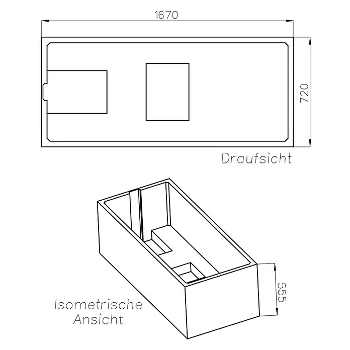 Ottofond Badewannenträger Colombo - Passend für: Badewanne Colombo 170 x 75 cm - Abbildung einer Badewanne mit den Maßen 1670 x 720 x 555 mm in Draufsicht und isometrischer Ansicht.