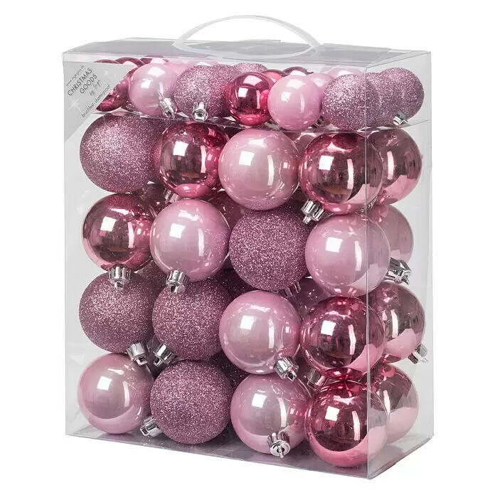 Weihnachtskugeln Rosa-Mix - Rosa, Kunststoff, Durchmesser: 4 cm - 6 cm, 50 Stk. - Eine Packung mit rosa und lila Weihnachtsbaumkugeln in verschiedenen Ausführungen (glänzend, glitzernd, metallisch) in einer transparenten Box.