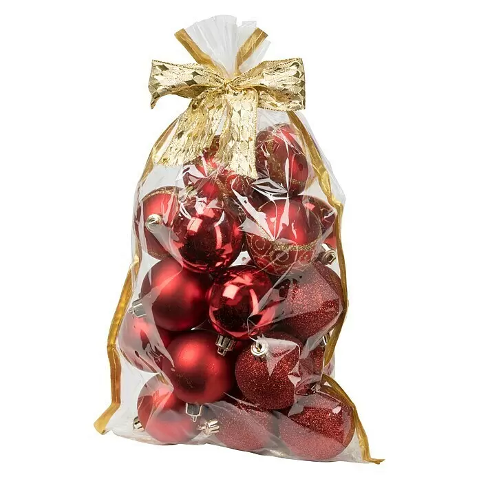 Weihnachtskugeln im Geschenkbeutel - Rot, Kunststoff, Durchmesser: 6 cm, 20 Stk. - Eine durchsichtige Tüte mit verschiedenen roten Weihnachtsbaumkugeln, mit einer goldenen Schleife gebunden.