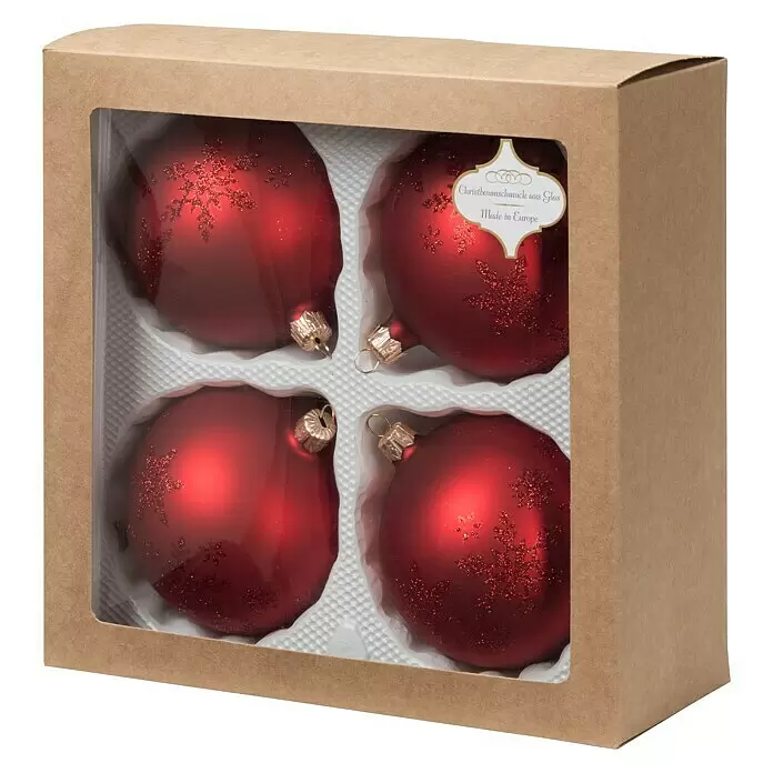 Christbaumkugel - Rot, Glas, Rund, 4 Stk. - Vier rote Christbaumkugeln aus Glas mit Glitzer-Schneeflocken, verpackt in einer braunen Box mit Sichtfenster.
